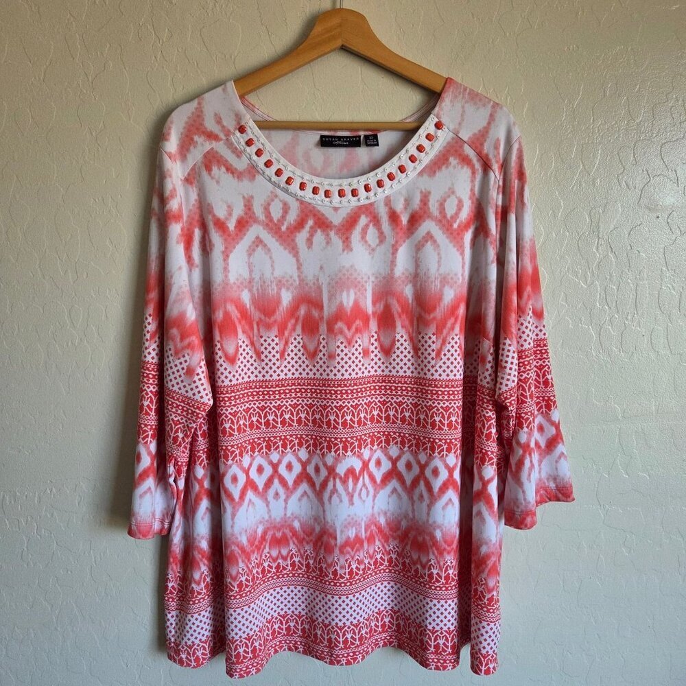 Susan Graver Liquid Knit Beaded Neck Top Women's 2X Red-Orange/White Ombre Boho